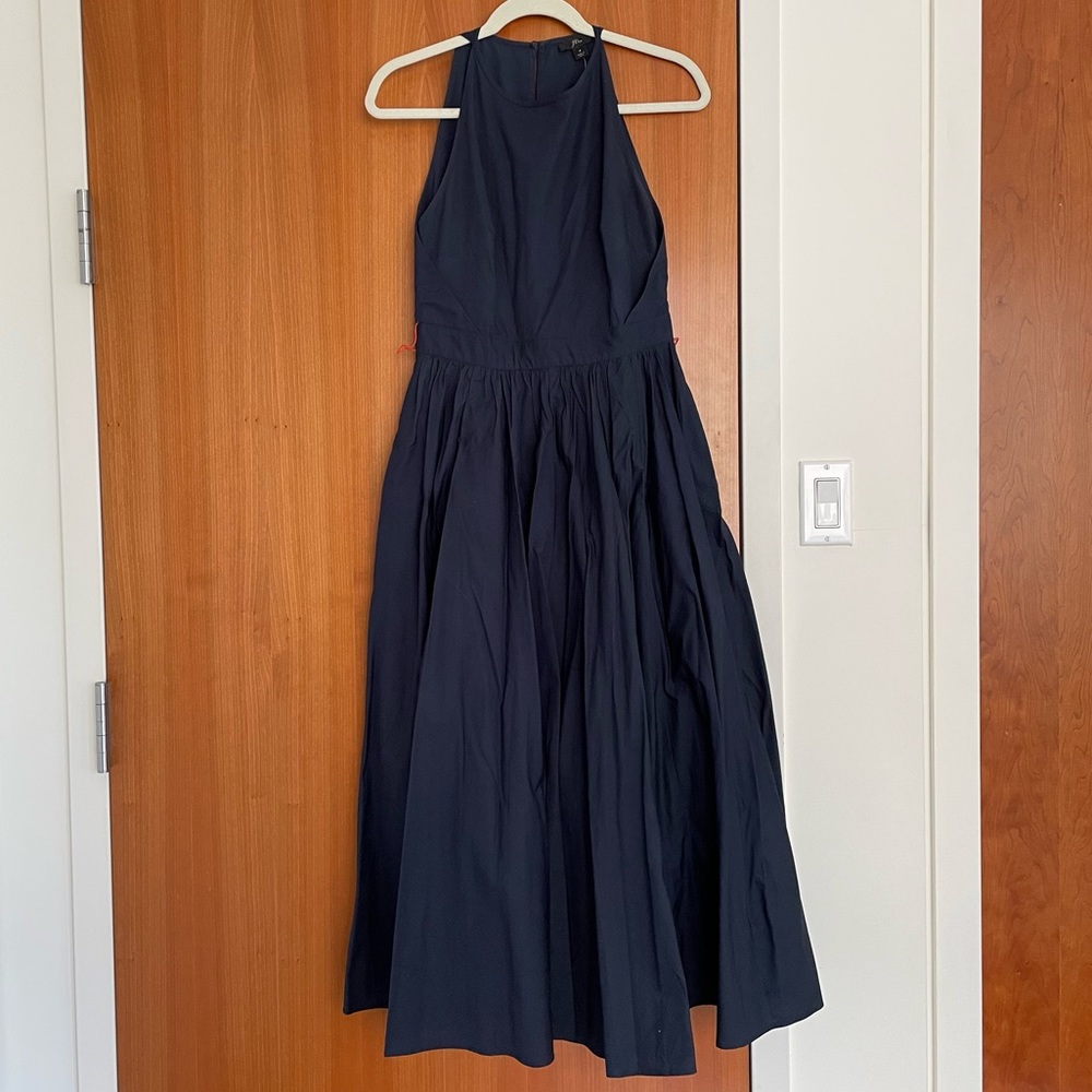 J. Crew Navy High-Neck Cotton Poplin Maxi Dress in Size 4